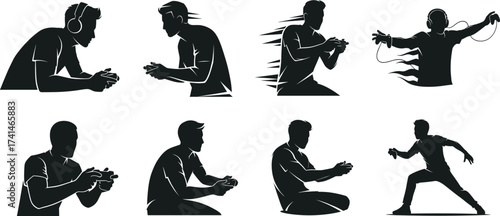 Black silhouette illustration, gamers playing video games, gaming poses, VR headset, controllers, esports, entertainment, digital activity