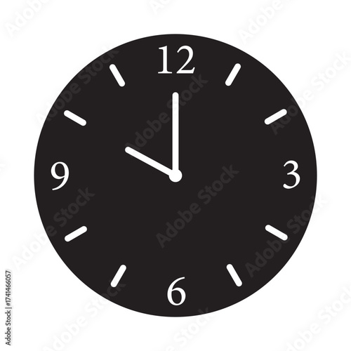 Simple black clock icon showing a few minutes past one on a white background.