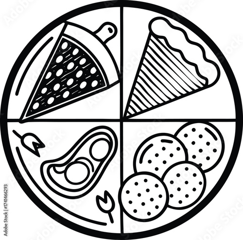 Icon representing four different food items pizza steak meatballs and dessert within a circular border divided into four sections