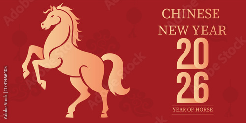 Chinese New Year 2026, the year of the Horse, red and gold line art characters, simple hand-drawn Asian elements with craft (Chinese translation: Happy Chinese New Year 2026, year of the Horse)