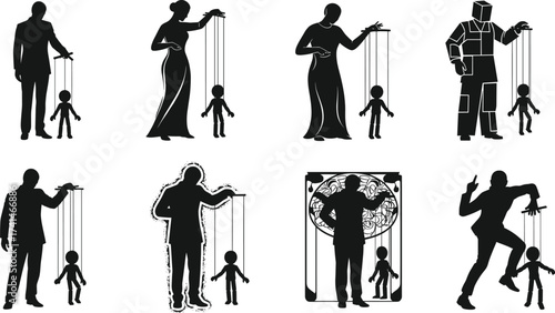 Black silhouette illustration, puppet master control, marionette manipulation, power dynamics, dominance, authority, control concept, psychological symbolism