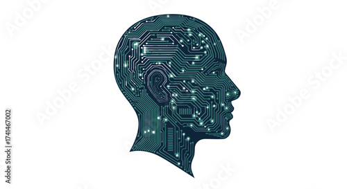 Futuristic human head silhouette with intricate circuit board patterns and glowing nodes.