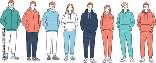 Group of people in hoodies, casual fashion illustration, sweatpants outfit, streetwear style, sneakers, diversity, clothing lineup, urban lifestyle, youth culture