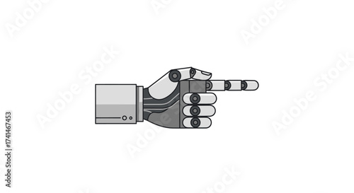 Grayscale illustration of a mechanical cyborg hand pointing its index finger to the right.