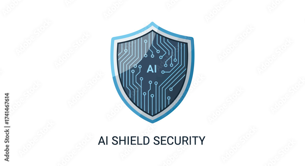 Obraz premium Futuristic AI Shield Security Emblem with Circuitry Pattern.