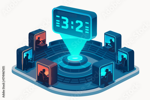 Futuristic Digital Workspace with Time Display and Individual Pods
