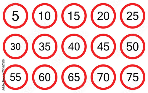 "Speed Limit Road Sign Vector Set – Red and White Circle Traffic Signs with Numbers for Highway Safety and Transport Regulation"