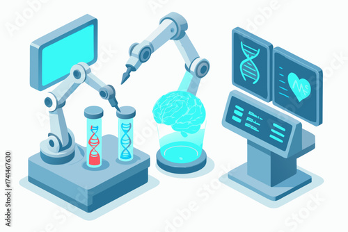 Futuristic Medical Laboratory with Robotic Arms and Brain Analysis Display