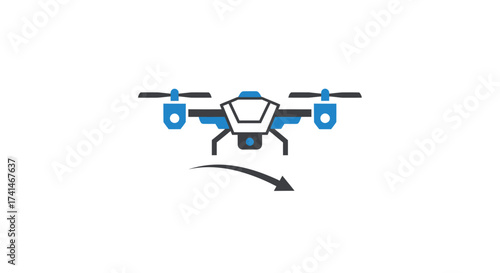 Modern flat icon of a blue and black quadcopter drone with a directional arrow.