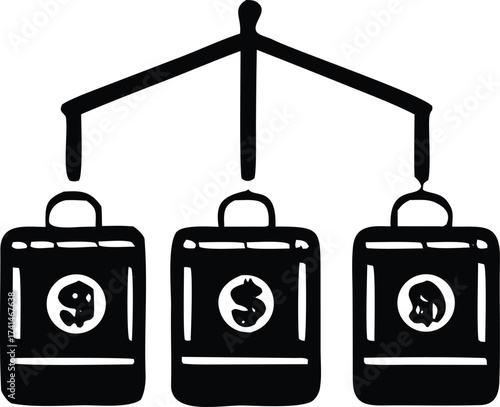 Concept of financial management and investment diversification illustrated by hanging briefcases with dollar signs