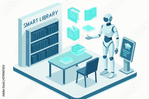 Futuristic Smart Library Featuring Robot Books Table and Information Kiosk