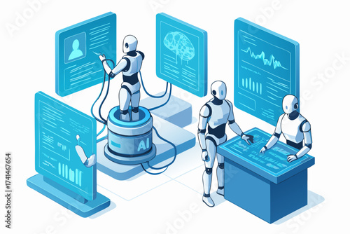 Futuristic Robots Collaborating on Data Analysis and Artificial Intelligence Projects