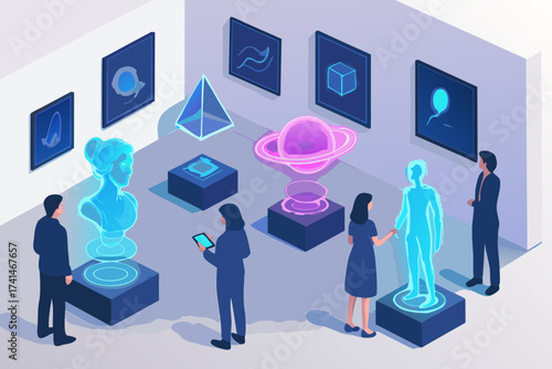Futuristic Museum Exhibition Featuring Holographic Art and Visitors Interacting with Displays