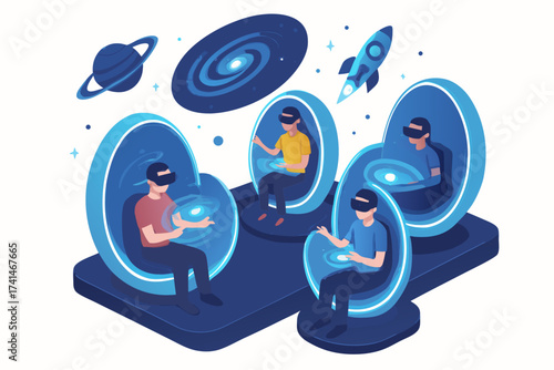 Futuristic VR Experience People Exploring Space in Immersive Pods