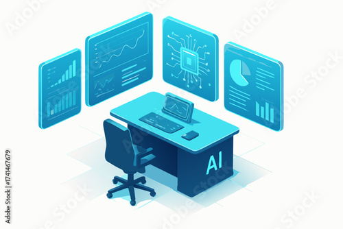 Isometric AI Office Depicting Data Analysis and Technological Advancement
