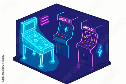 Isometric Arcade Games Pinball and Classic Gaming Machines in Neon Hues