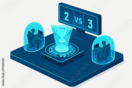 Isometric Illustration of Gaming Competition with Holographic Trophy and Players