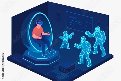 Isometric Illustration of VR Experience with Holographic Avatars and User Interaction