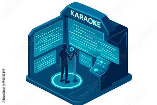 Isometric Karaoke Stage with Singer Microphone and Control Panel