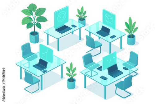 Isometric Office Illustration with Desks Laptops Plants and Digital Displays
