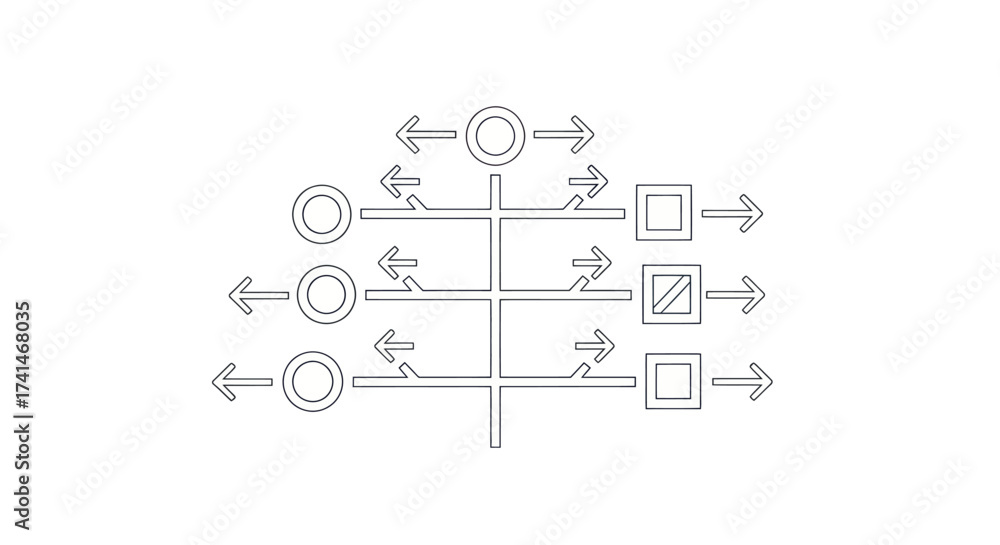 Fototapeta premium Flowchart Diagram with Circles Squares and Arrows Representing a Process.