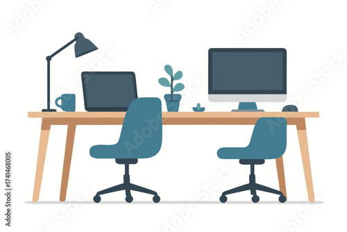 Modern Home Office Desk with Laptop Computer and Chairs