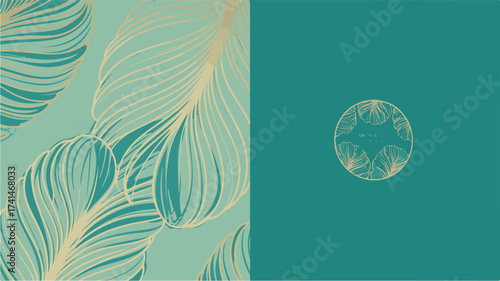 Elegant Teal and Gold Feather Pattern with Decorative Emblem vector illustration