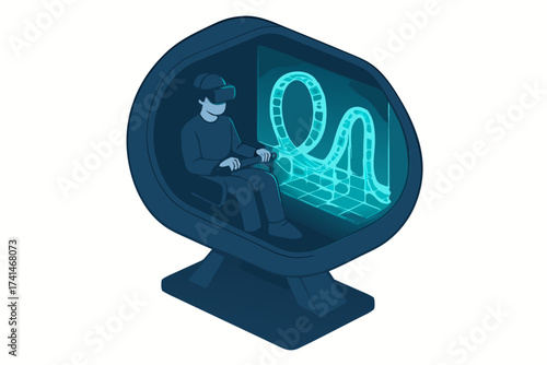 Person Experiencing Virtual Reality Rollercoaster Ride in Futuristic Pod
