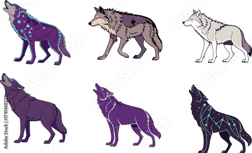Six majestic wolves howling in unique pixelated designs, capturing wild nature and artistic expression with vintage gaming aesthetics