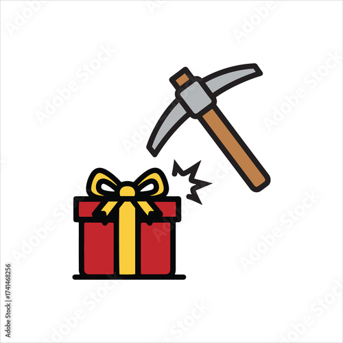 Creative gift surprise mining pickaxe icon represents uncovering treasures and unique presents