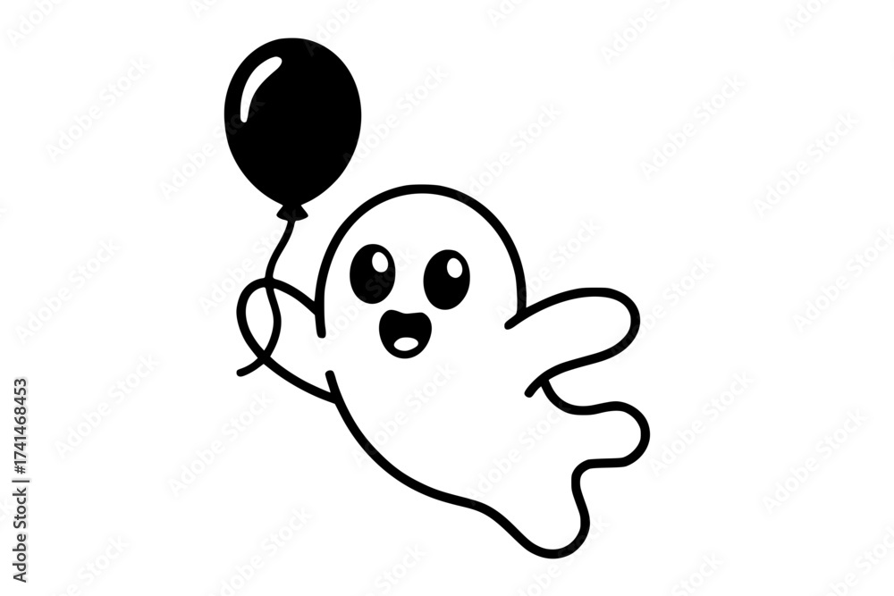 Naklejka premium Cute Ghost Flying with Balloon Cartoon Vector – Black and White Line Art Generative AI