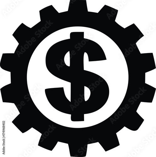Iconic black dollar sign within a gear symbol representing financial industry and business mechanics