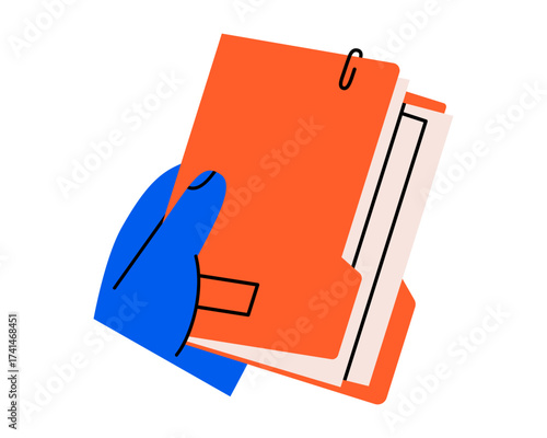 Hand drawn cute illustration of hand holding folder with documents. Flat vector file storage in arm doodle. Organization or time management icon. Paper office data. Catalog or archive. Isolated.