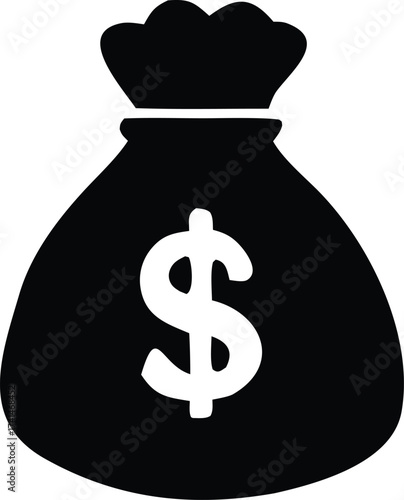 Simple black silhouette money bag icon with dollar sign representing wealth finance and cash fortune