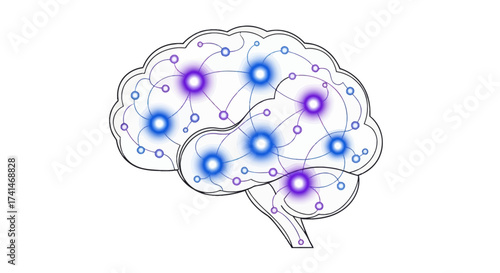 Stylized Brain Illustration with Glowing Nodes and Interconnected Lines.
