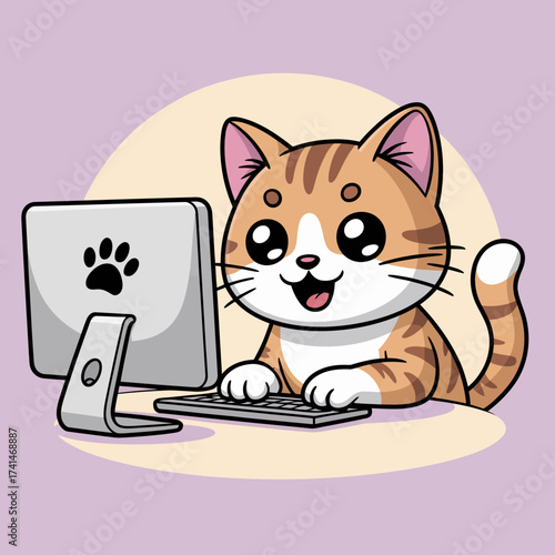 This adorable cartoon cat is happily typing on a computer, showcasing a playful and cheerful vibe that appeals to all pet lovers and tech enthusiasts alike.