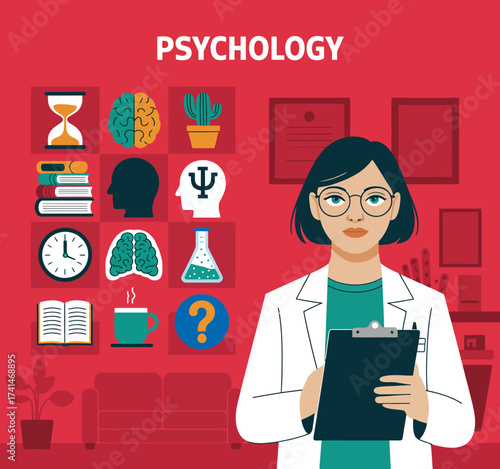 An illustrative representation of psychology, featuring various symbols such as brains, clocks, and books, perfect for education, showcasing the vast field of psychological study.