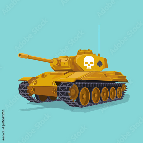 This striking image features a bold yellow tank adorned with a skull emblem, set against a bright blue backdrop, hinting at playful militarism and vibrant aesthetics.