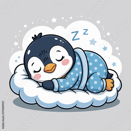 This delightful illustration shows a cute penguin in pajamas sound asleep on a fluffy cloud, encapsulating the feel of comfort, peace, and restful innocence.
