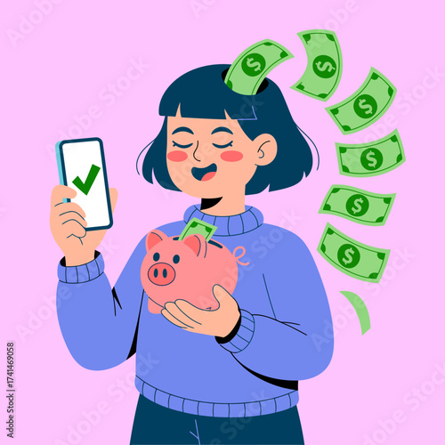 This vibrant illustration features a joyful girl engaging with her smartphone while holding a piggy bank, symbolizing financial literacy and happiness against a playful pink background.