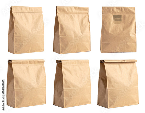 Six kraft paper lunch bags in various folded positions