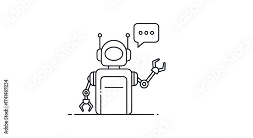 Line Art Robot with Speech Bubble and Antennae.