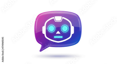 Futuristic Robot Chat Bubble Icon with Glowing Blue Eyes.