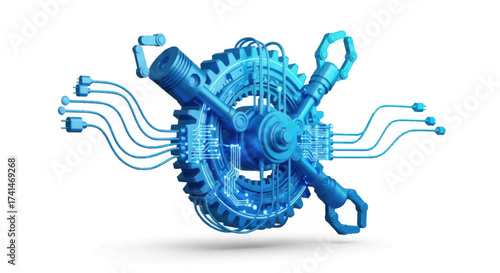 Futuristic Blue Gear Mechanism with Robotic Arms and Wires.