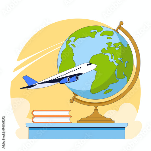 This image features a globe with an airplane circling it, symbolizing travel, adventure, and exploration while educational books lay nearby for a scholarly touch.