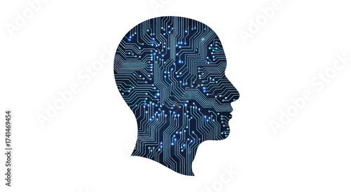 Silhouette of a human head filled with intricate blue circuit board patterns.