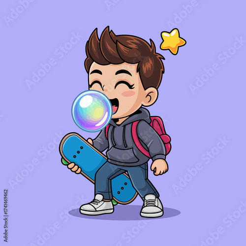 A cheerful cartoon boy is enjoying bubble gum while holding a skateboard. His playful demeanor and bright colors create a fun and inviting atmosphere in the image.