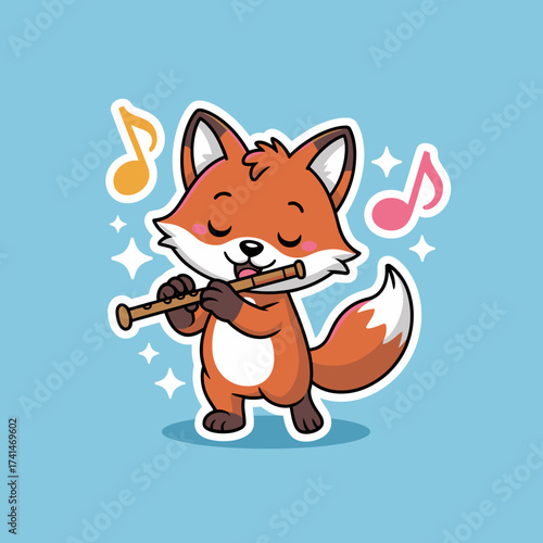 This adorable illustration depicts a cute fox blissfully playing the flute, surrounded by floating music notes, capturing the essence of joy and creativity in a fun way.