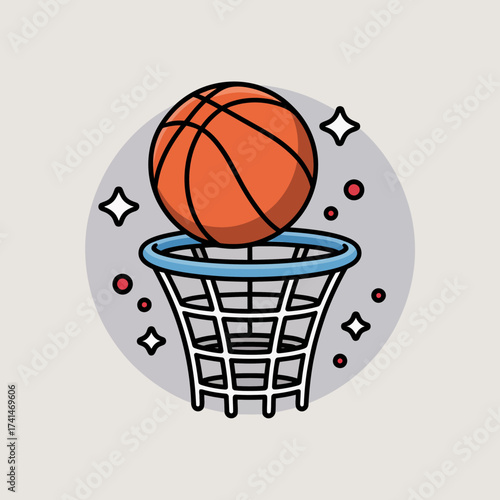 A vibrant basketball gracefully swooshes into a hoop set against a soft backdrop filled with sparkling stars, encapsulating the excitement and joy of sporting triumphs in a fun style.