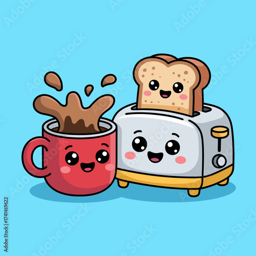 A kawaii-style toaster and mug with playful expressions, featuring splashing coffee and a happy toast, symbolizes joy and fun in breakfast experiences.